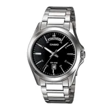 Reloj Casio MTP1370D-1A1VDF para hombre, con caja y correa de acero plateado, esfera negra de 40mm, indicador de día de la semana y fecha, y resistencia al agua de 50 metros.