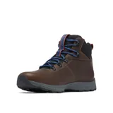 Bota de senderismo de cuero marrón con cuello acolchado negro, cordones azules y suela gris.