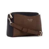 Bandolera Guess Lyndi chica, color marrón y negro, con textura reptil y logo Guess al frente.