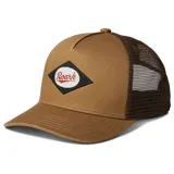 Gorro trucker marrón con paneles frontales rígidos, visera curva y paneles traseros de malla. Presenta un parche con el logo de Roark en el frente.