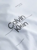 Remera celeste de manga corta con cuello redondo y logo de Calvin Klein estampado en el pecho.