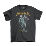 Remera negra de algodón con estampado de la banda Metallica y la Estatua de la Justicia.