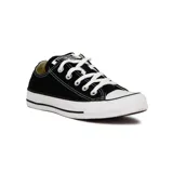 Championes Converse Chuck Taylor All Star Ox de lona negra con suela de goma blanca y cordones blancos.