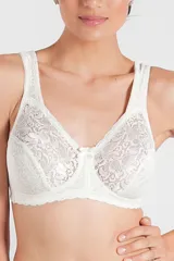 Soutien de encaje color blanco, sin aro, con breteles anchos regulables y espalda reforzada.