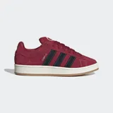 Championes Adidas Campus 00s color borgoña con las tres tiras laterales en negro y suela blanca con base color caramelo.