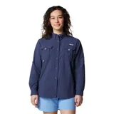 Camisa de pesca Columbia Bahama de manga larga color azul marino, con cuello abotonado, dos bolsillos frontales con cierre de velcro, ventilación en la espalda y tecnología Omni-Shade UPF 30.