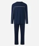 Pijama largo de algodón azul marino para hombre, compuesto por remera de manga larga con cuello redondo y pantalón con cintura elástica y lazo ajustable. Presenta detalle de bies contrastante en color crema en cuello, puños y laterales del pantalón.