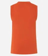 Blusa estilo chaleco color ladrillo, confeccionada en ribana con textura acanalada, sin mangas y con abotonado delantero.