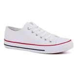 Championes deportivos bajos de tela color negro con detalles en blanco y rojo.