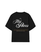 Remera negra de corte holgado con estampado en la espalda con el texto "Ittai Stars" en letras cursivas blancas y "AN IBIZA PRODUCE" en letras mayúsculas marrones.
