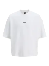 Buzo blanco de manga corta con corte holgado y cuello redondo. Estampa en la espalda con impresión de goma suave al tacto. Confeccionado en tejido de rizo sin cepillar, con superficie lisa y bucles en el interior.