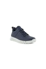Championes Ecco Gruuv color azul marino, confeccionados en cuero napa suave con detalles reflectantes. Cuentan con cordones elásticos, plantillas extraíbles de espuma confort dual-fit y suela de goma flexible bidireccional.