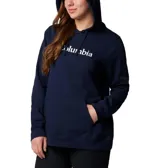 Buzo Columbia azul marino con capucha ajustable con cordón, bolsillo tipo canguro y logo de la marca estampado en blanco.