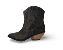 Bota corta estilo texana color marrón oscuro con bordados en hilo ocre y taco de madera.
