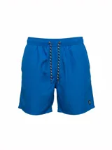 Short de baño liso color azul con cintura elástica ajustable con cordón.