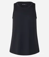 Musculosa deportiva azul marino de microfibra texturizada con cuello redondo y bajo redondeado.