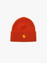 Gorro de punto elástico color naranja, confeccionado en material acrílico que ofrece comodidad y ajuste.