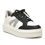 Championes deportivos Via Marte Bora, color blanco con detalles en negro y gris. Presentan una suela alta y cordones negros.