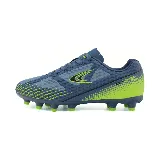 Botines de fútbol Le Groupe negros con detalles en gris y azul.