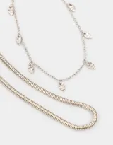Set de dos chokers plateados: uno tipo snake y otro con dijes de hojitas.