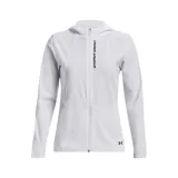 Campera deportiva negra con capucha, cierre frontal completo y logo Under Armour en el pecho.