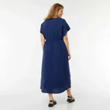 Vestido largo azul marino de punto elástico, con escote en V, mangas cortas y corte evasé.