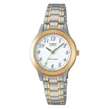 Reloj Casio analógico para mujer, con caja plateada y detalles dorados, esfera blanca con números arábigos y pulsera de acero inoxidable combinada en plateado y dorado.