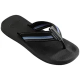 Ojotas Havaianas New Urban Way negras con tiras de tela rayadas en azul y blanco.