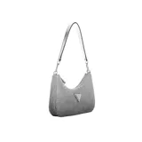 Cartera de mano plateada con textura metálica, correa desmontable y logo triangular metálico en el frente.