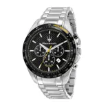 Reloj de acero plateado con caja de 45 mm y correa metálica, mecanismo Miyota de alta calidad y cristal mineral.