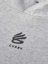 Buzo negro con capucha, bolsillo tipo canguro y logo de Curry en el pecho.