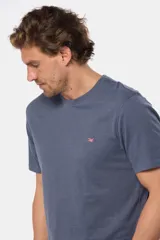 Remera celeste de manga corta con cuello redondo y bordado pequeño en el pecho. Corte clásico.