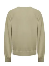 Sweater color crudo de lana con cuello redondo y abertura frontal con botones de madera.