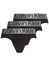 Pack de tres slips negros Calvin Klein de microfibra con cinturilla elástica plateada con el logo de la marca.