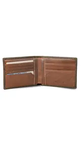 Billetera de cuero marrón con doble tarjetero interior y repartición para billetes.