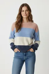 Sweater de tejido de punto con diseño de bloques de color horizontales. Presenta cuello redondo, mangas largas y puños y ruedo acanalados. Los colores son rosa pálido en la parte superior, seguido de azul celeste, blanco crema y azul marino oscuro en el ruedo y puños.