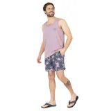 Short de baño corto para hombre, marca Maui and Sons, con estampado de flores en tonos rosa y naranja sobre fondo gris.