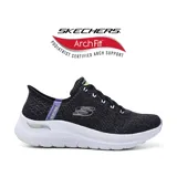 Championes deportivos Skechers Slip-ins Arch Fit 2.0, color negro con detalles en blanco y violeta. Diseñados con tecnología Arch Fit para soporte del arco plantar y almohadilla en el talón para fácil calce.