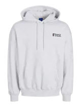 Hoodie gris melange con estampado en la espalda de un texto con flores y dibujos animados.