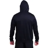 Campera deportiva negra con capucha y cierre frontal, con logo de la marca en el pecho y franjas grises en las mangas.