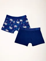Pack de dos boxers de corte medio, uno con estampado de palmeras y otro liso, con elástico visible en la cintura.