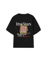 Remera negra de corte holgado con estampado en la espalda que incluye la marca "Iittai Stars", un reloj dorado y la frase "Who wears a watch in Ibiza?".