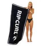 Toalla de playa negra con borde blanco y logo de Rip Curl en blanco.