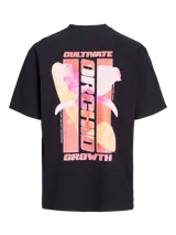 Camiseta negra de manga corta y cuello redondo con estampado de una orquídea en el centro de la espalda.