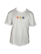 Remera blanca de algodón con cuello redondo y mangas cortas. Estampado frontal con tres flores de diferentes colores.