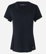 Remera deportiva negra de microfibra con cuello redondo y mangas cortas con recortes en color beige.