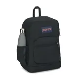 Mochila JanSport negra, modelo Cross Town Plus, con compartimento acolchado para laptop, base reforzada, espalda acolchada, bolsillo frontal con cierre y bolsillo lateral de malla. Logo de JanSport en el frente.