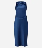 Vestido midi sin mangas confeccionado en tejido con efecto satinado color azul. Posee escote drapeado además de fruncido en el cuerpo.