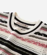 Blusa de punto ligero con cuello redondo, mangas cortas y rayas horizontales en negro, beige y blanco.