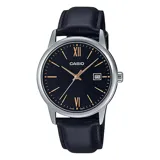 Reloj Casio para hombre, modelo MTPV002L-1B3UDF, con caja plateada, esfera negra con números romanos dorados y correa de cuero negra.
